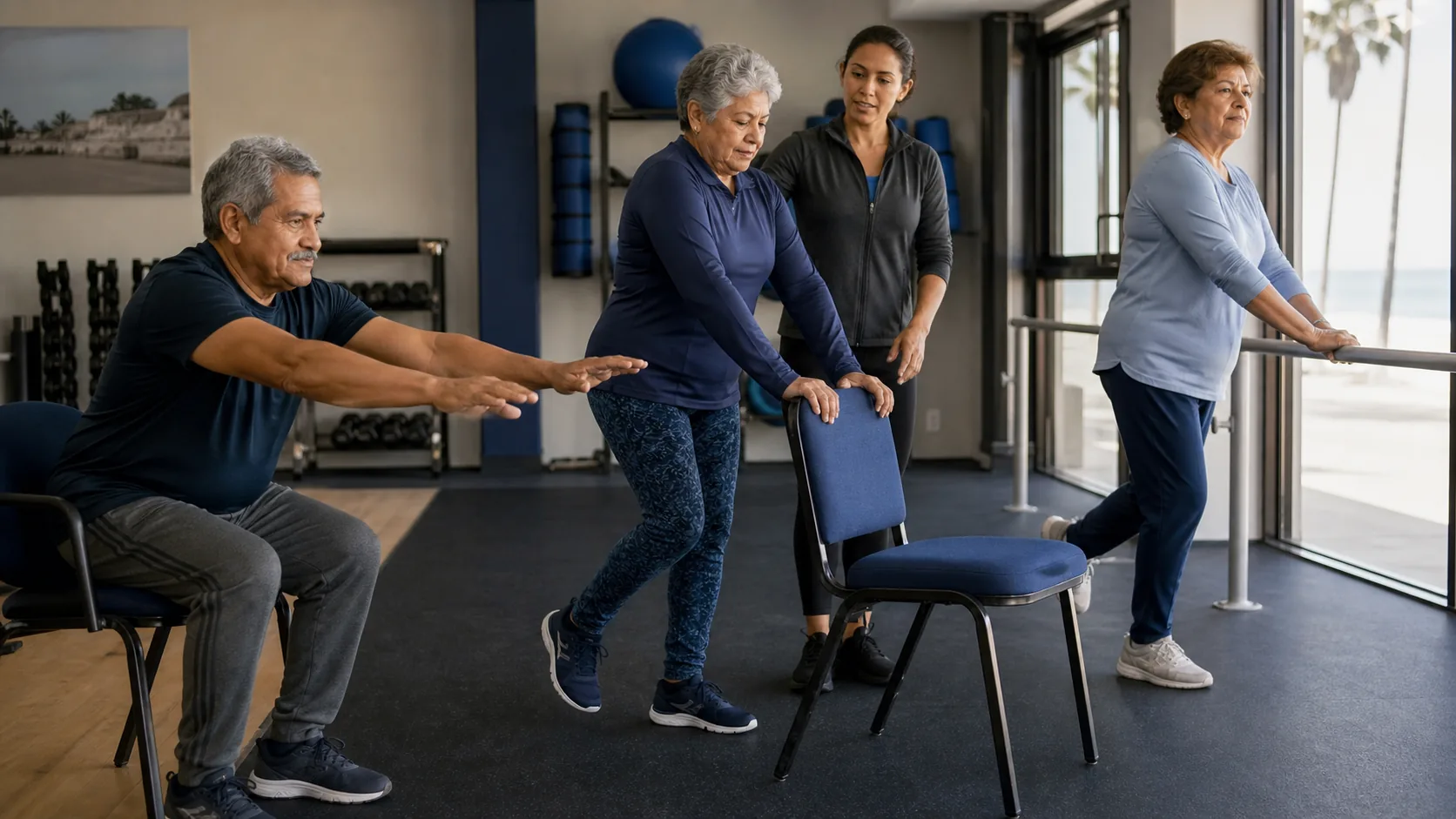 Personas mayores practican fuerza y equilibrio con la supervisión de una profesora