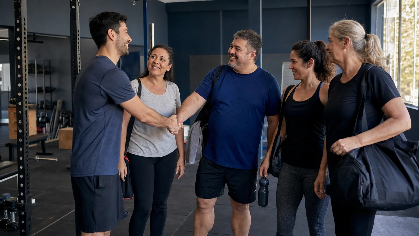 Profesor recibe a un grupo diverso de personas en un gimnasio de escala humana
